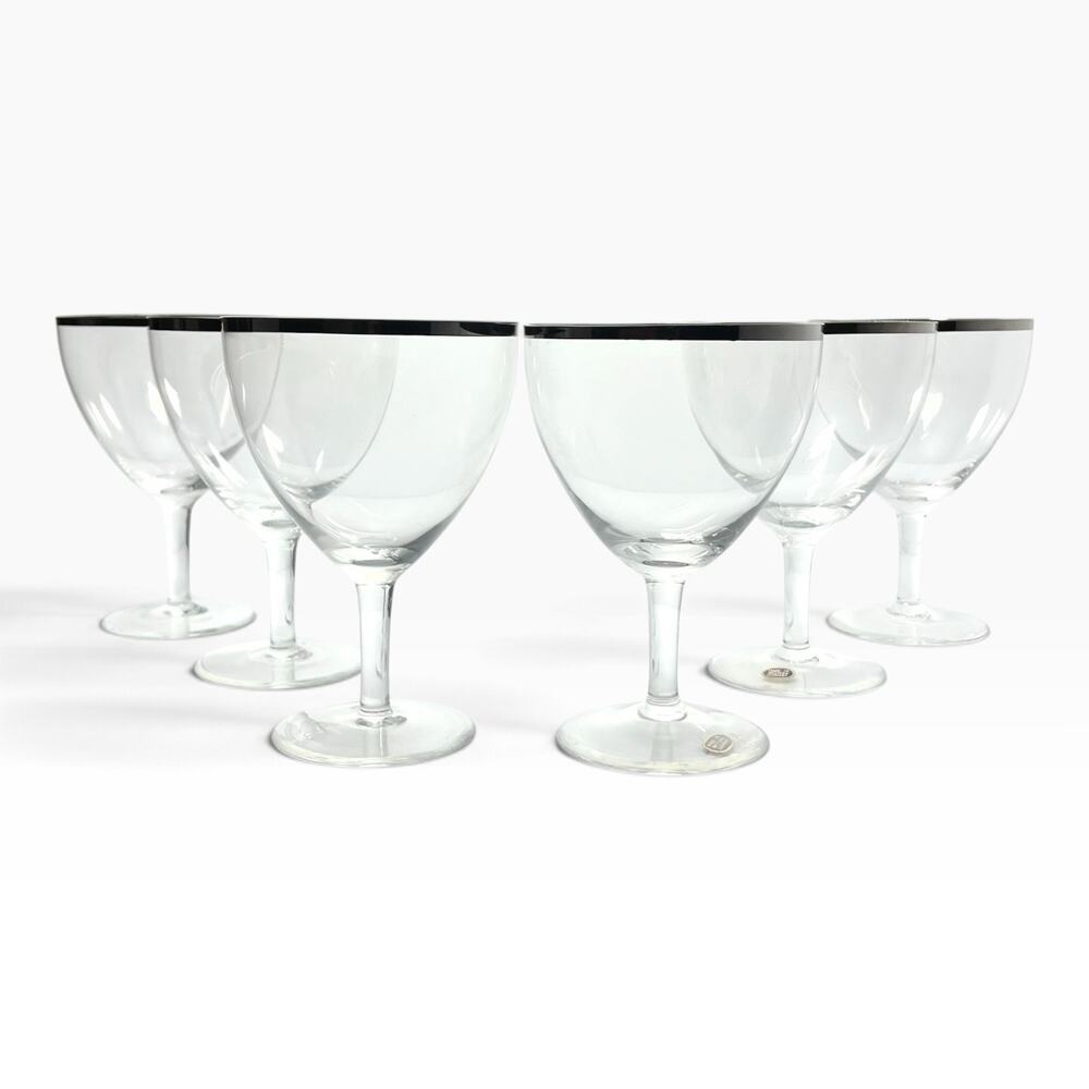 1960s Mid-century Vintage Minimalist 6 Silver Rim Wine Glasses 5 5/8” 12oz